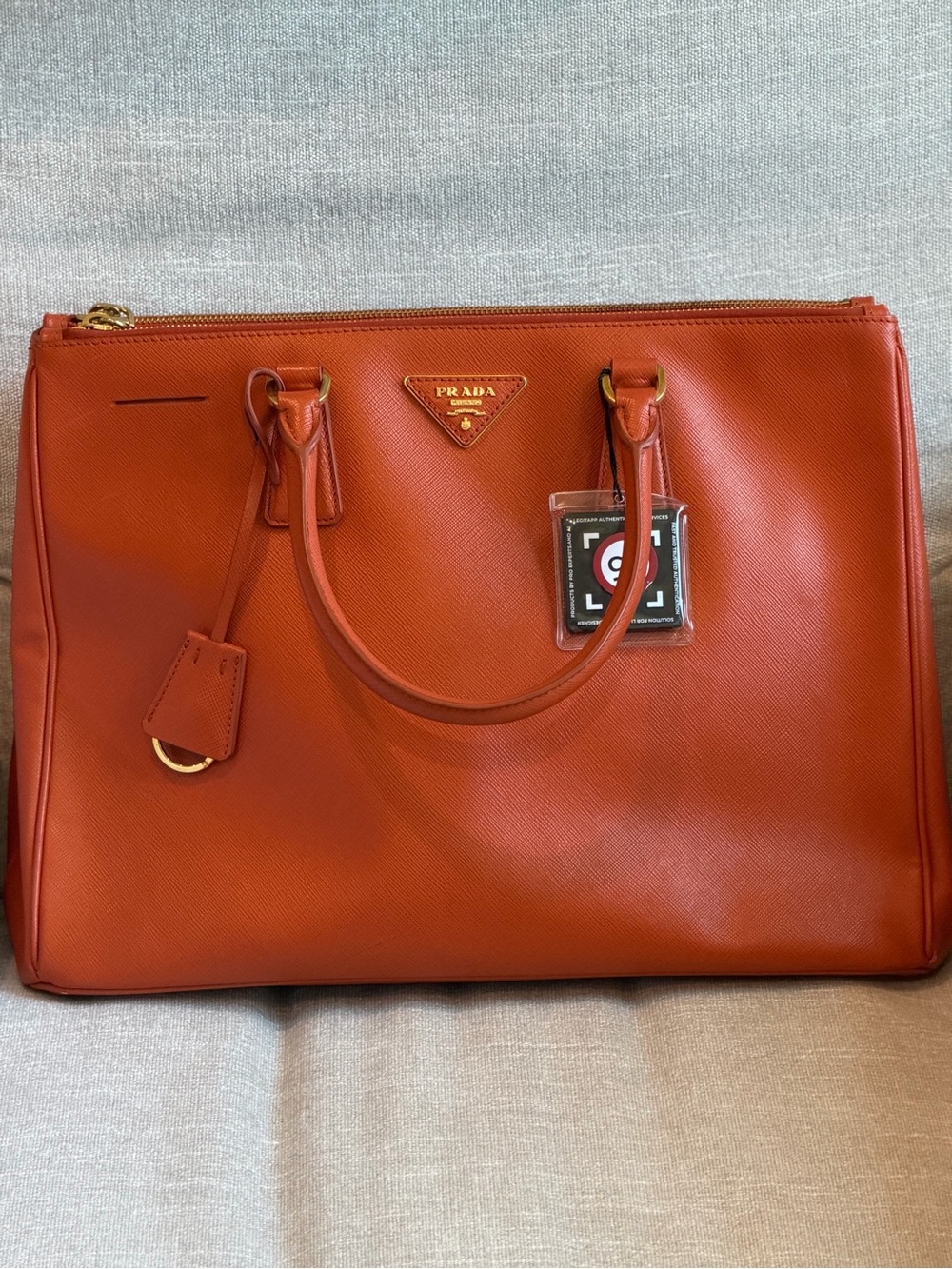 Prada Orange Saffiano Double-Handle Tote with Gold Hardware